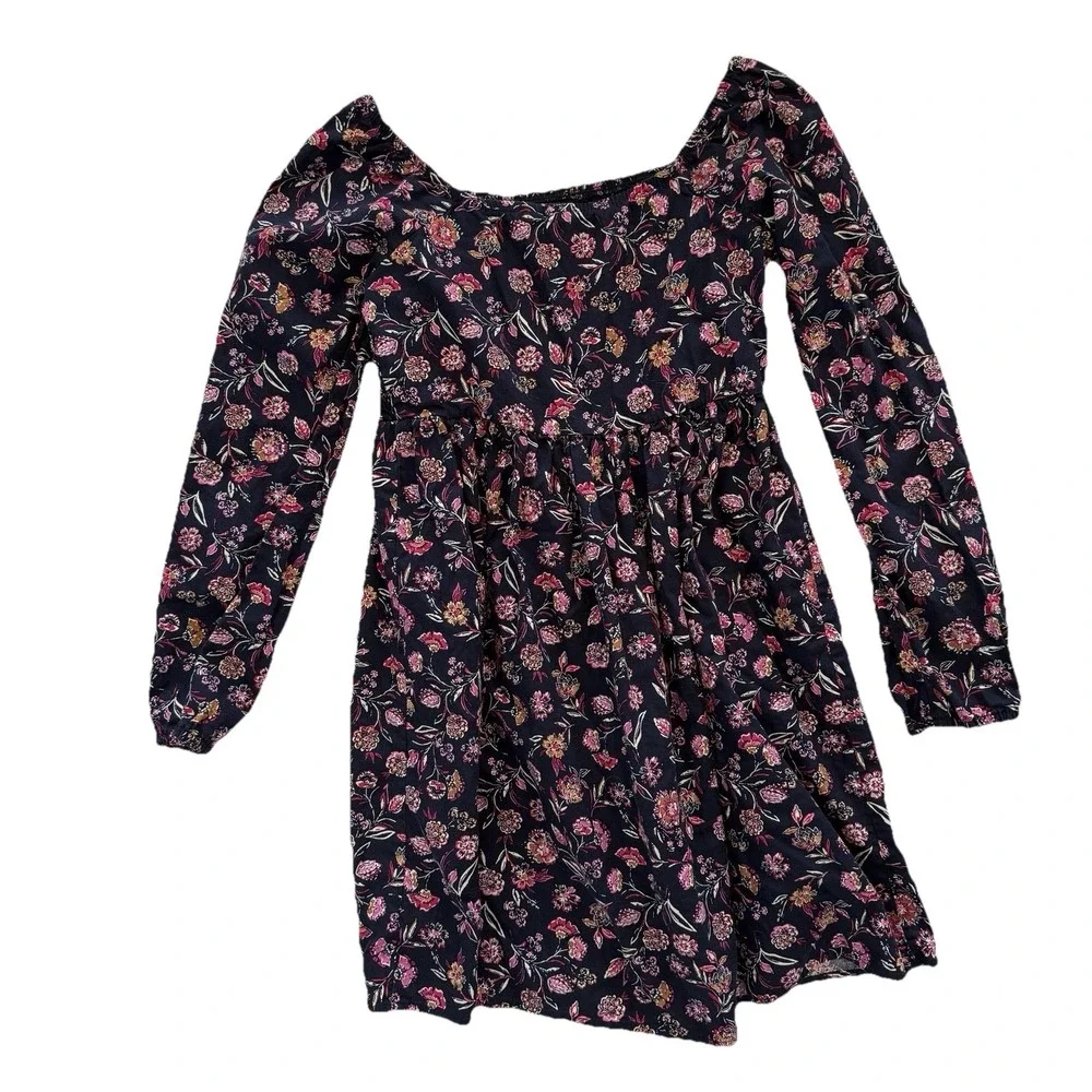 Gap Kids Floral Dress Girls XL 14/16 Navy Blue Smocked Long Sleeve Boho‎ Square